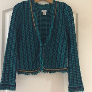 Cache Teal and Black Tweed Fringe Cropped Blazer